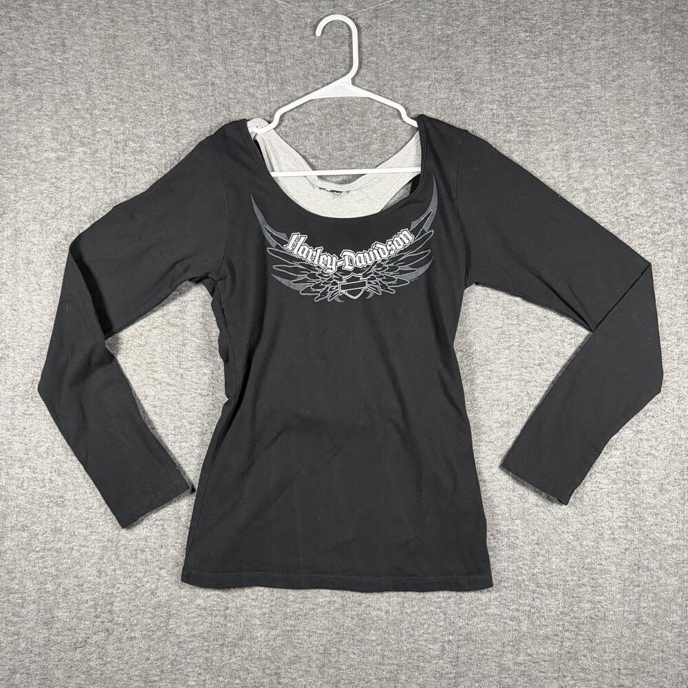Y2K Harley-Davidson Shirt Womens Small Black Winged Logo Biker Top Pensacola FL